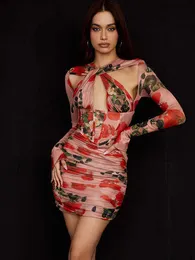 حفلة أنيقة وأنيقة طويلة الأكمام شبكة Ruched Bodycon Mini Dress Floral Print Print Corset Dresses Summer Woman 2022