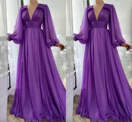 Elegant Purple Simple Chiffon A-line Prom Dresses Long Puff Sleeves V Neck Draped Empire Floor Length Formal Evening Dress Party Gowns Custom Made