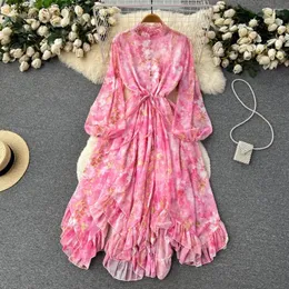 Vestidos casuais estilo ocidental estilo vintage lanterna lanterna longa stand stand colar gola elástica alta estampa floral femme vestido vestido skinny