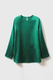 Kvinnors blusar 30mm Silk Shirt Woman Blue Spring Summer Brand Green Drape Satin liten rund hals långärmad topp