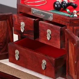 큰 빨간 신맛 지점 보석 상자 빨간 나무 중국 스타일 보석 박스 복고풍 웨딩 다기능 잠긴 보석 저장 광채 상자