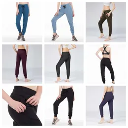 Naked Feel Fabric Yoga Workout Sport Training Joggers Pants Women Leisure Outdoor Gym Midja i midjan Drawstring Fiess Running Sweat Byxor med två sidor Pocket Style