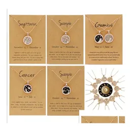 Pendant Necklaces 12 Constellation For Women Men Gold Chain Zodiac Sign Round Necklace Black And White Couple Jewelry Birthday Gift Dhjyi