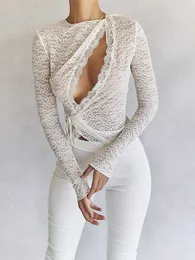 Kvinnlig ny långärmad blusskjortor mode som går ut nattklubbfestkläder se genom Lace Cardigan Tops 2022