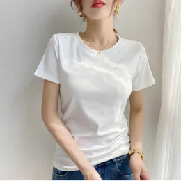 T-shirt bianca a maniche corte con spalle scoperte Top basic da donna in puro cotone 2023 Summer New Round Neck Slim Fit