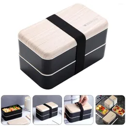 Servis uppsättningar 1.2L Portable Students Lunch Box Plastic Bento Double Layer Meal (svart)