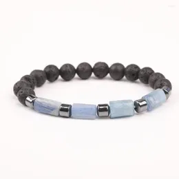 Charm Bracelets Natural Blue Kyanite Stone Chunky Beads Silvery Iron Black Lava 8mm Elastic String Bracelet Jewelry N0377JBG.E