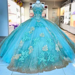 Quinceanera Dresses Ball Gowns Beading Crystal Illusion Sparkly Lace Birthday Prom Dress Sweet Girls Party