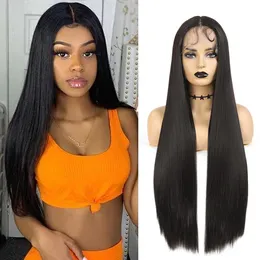 32 Inches Super Long Straight Synthetic Wigs With Baby Hair Heat Resistant Fiber Natural Brown Hair Soku Middle Part Lace Wig