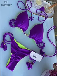여자 수영복 Ruotongsept Thong Bikini Set 2023 Blue Swimsuits 여자 섹시한 목욕복 비키니 삼각형 붕대 여성 비치웨어