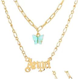 Подвесные ожерелья любить начальное письмо ожерелье мод акриловая бабочка, наложенная для девочки -золотая цепочка