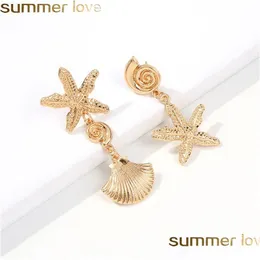 Hoop Huggie Vintage Starfish Shell Earring Metal Gold Color Asymmetry Conch Stud örhängen Geometriska Irregar Pendant Ear Bohemia Be Dhshy