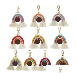 Клавичные шнурки Rainbow Tassel Key Chain Ring с Diy Round Wood для женщин подарок парня рука