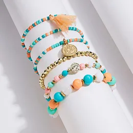 Bracelets de charme RINHOO 6PCS/Conjunto de contas de bracelete pendente de moeda de ouro vintage Tassel de várias camadas para mulheres Acessórios de jóias de moda