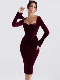 Celebrity Christmas Evening Party Red Midi Dress Chic And Elegant Long Sleeve Corset Clothes Fall Winter Velour Dresses