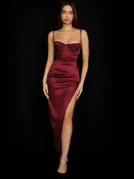 Elegant Spaghetti Strap Stretch Satin Maxi Dress Sexy Thigh Split Celebrity Evening Gown Underwired Padded Long Dresses