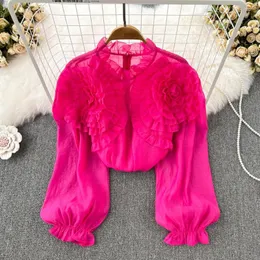 بلوزات بلوزات النساء ثلاثية الأبعاد نفخة زهرية طويلة الأكمام الأنيقة Blusas A Rayas Para Mujer Stand Twiber Vintage Chiffon Dropship