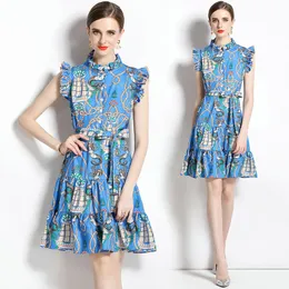 Kız butik baskılı elbise kısa kollu fırfırlar elbise 2023 yaz elbiseler üst düzey trend bayan elbiseler moda fırfırlar kollu yay elbiseler