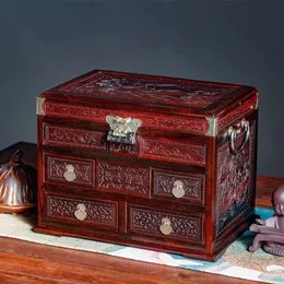 Portagioie in legno massello di legno rosso, regalo di nozze, dote, tre scatole d'oro, scatola per il trucco con serratura, scatola per gioielli