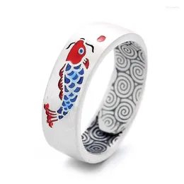 Cluster Rings 822FJ ZFSILVER Silver S990 Fashion Luxury Trendy Adjustable Retro Red Color Enamel Carp Fish Ring For Girl Women Wedding