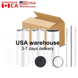 US CA Stock 25Pack 20oz Mugs Sublimation Blanks Straight Tumblers Double Wall Isolated Slim Water flaskor med lock och halm BB0526