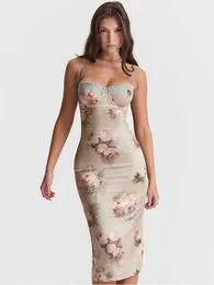 Nytt i dubbelskiktad satin vadderad midi -klänning för kvinnor sommar 2023 chic elegant smal blommor tryck trädgårdsfestklänningar