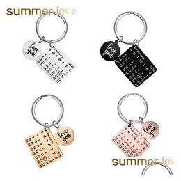 Nyckelringar Ny personaliserad kalendernyckelchain Hand snidad markerad med hjärtdatum Keyring rostfritt stål Valentines Day Gift Dro Dhnkr