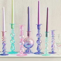 キャンドルホルダーFloriddle Retro Candlesticks Taper Candle Holders Tall Candlesticks Decoration Party Glass Vase Home Decor Decor Wedding Decoration 230525