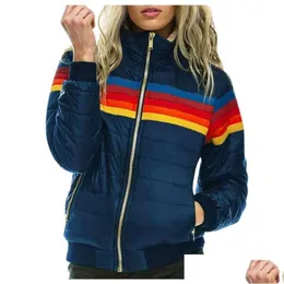 Womens Jackets Stripe Rainbow Printed Thin Hooded Jacket Women Winter Cotton Parka For Plus Size Coat Drop Delivery A Dhfxb