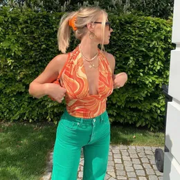 Kvinnors tankar Y2K Streetwear Wave Print Deep v Sexiga skördetoppar 90 -tal estetik Backless Lace Up Blue Orange Halter Top Vintage Summer 2023