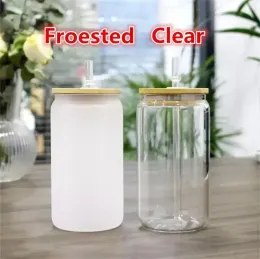 USA CA CA Stock 16oz Sublimação em branco de vidro com tampa de bambu Cerveja fosca pode borossilicar copos de jarra de pedreiro com palha de plástico 50pcs/ctn