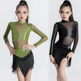 Stage Wear Kids Latin Dance Clothes Girls Competition Dress Cha Rumba Samba Traje Black Fringe Practice Conjunto DNV17630