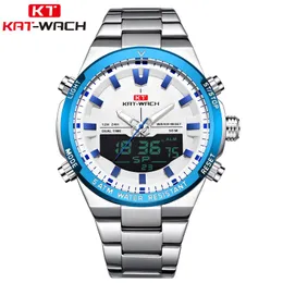 Armbandsur Kat-wach 2023 Märke Dual Time Zone Waterproof Stainless Steel Watch Luxury Gift Fit Men's Watches
