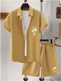 2-teiliges Herren-Outfit, ZTP-Set mit geknöpftem Hemd mit Baummuster und Shorts mit Kordelzug