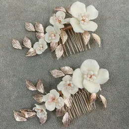 Hair Clips Bride Wedding Comb Handmade Ceramic Flower Headpiece Crystal Bead Gold Color Leaf Women Jewelry Gift