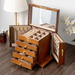 صندوق تخزين للمجوهرات الخشبية الصلبة عتيقة مع قفل ، طبقات متعددة ، سعة كبيرة ، أقراط راقية ، قلادات ، يدوي ، هدايا خشبية