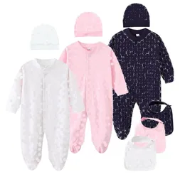 3st-uppsättningar för babymärke Rompers Letters Tryckt nyfödda långärmade jumpsuits med haklappar Hattar Småbarn Onesies Spädbarn i ett stycke Kidkläder