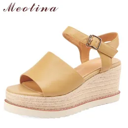 ドレスシューズMeotina Women Sandals本革ハイヒールプラットフォームウェッジシープスキンバックルレディースフットウェアサマーベージュ40