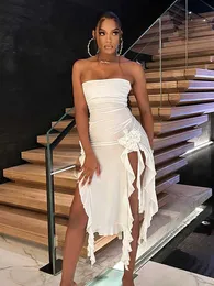 Novo em 2023 Jersey Stretch Ruffles Midi Dress Sexy Strapless Nightclub Party Rave Roupfits Fashion Summer White Dresses