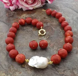 Collana Orecchini Set Bella 14 Mm Corallo Rosso Bianco Perla Keshi 18"