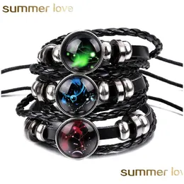 Other Bracelets New Arrival 12 Constellations Luminous Bracelet Punk Black Leather Zodiac Alloy Bead Snap Buttons Charm Jewelry For Dhuk9