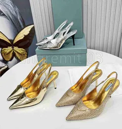 Designer Sandaler Studded Metallic Leather High Heel Sandals Patent Leather Stiletto High Heels Ankle Strap Sandaler Open-Toes Rhinestone Shoes Golden