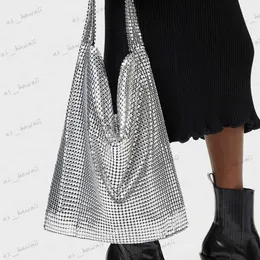 Kvällspåsar mode metall mesh kvinnor axelväskor designer silver handväska shinny bred rem kväll väska glitter stor tote party handväska 2023 t230526