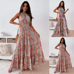 Повседневные платья Женские летние летние Boho Beach Maxi Long Dress Print Halter Ruffle Gem Front Split Big Swing Elegant Women Holiday Good