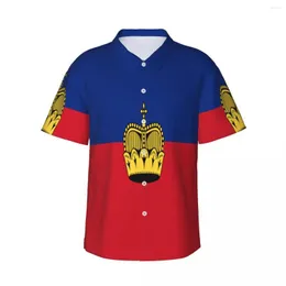 Men's Casual Shirts Men's Shirt Liechtenstein Flag Style Short Sleeve Summer Men Turn-down Collar Button Clothing