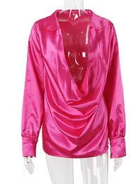 Lato luźne swobodne topy z długim rękawem Rave strój klub nocny ubrania kobiet mody 2022 gorące różowe satynowe bluzki