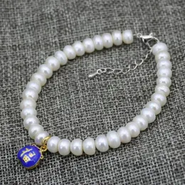 Strand Moda Donna Bracciali Bianco Naturale D'acqua dolce coltivato 7-8mm Abaco Perle di perle Cloisonne Spacer Charms Gioielli 7,5 pollici B3085