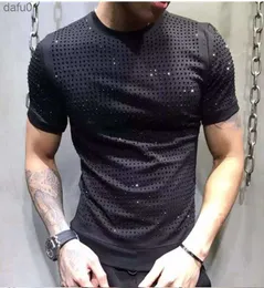 Męskie koszulki S-5x gorące wiertło T-shirt w stylu europejskim Rhinestones Męski rękaw Top Queal Man Heavy T-shirt L230520