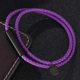 Bracelets porte-bonheur mode acier inoxydable magnétique hommes Bracelet cuir violet tressé Punk bracelets bijoux accessoires BB0696