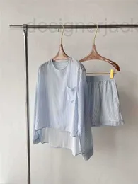 Women's Sleep & Lounge Designer 2023 Spring/Summer New Fresh Lazy Crepe de Chine Silk Stripe Front Short Back Long Shirt Shorts Set 6YAQ